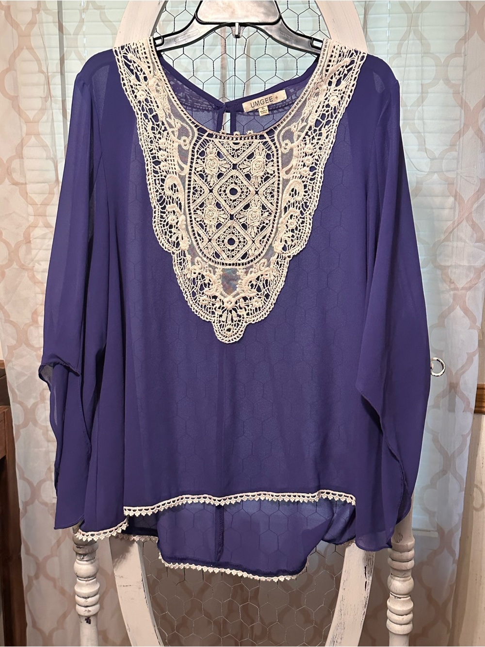 Umgee Purple Chiffon Tunic with Cream Crochet Bib